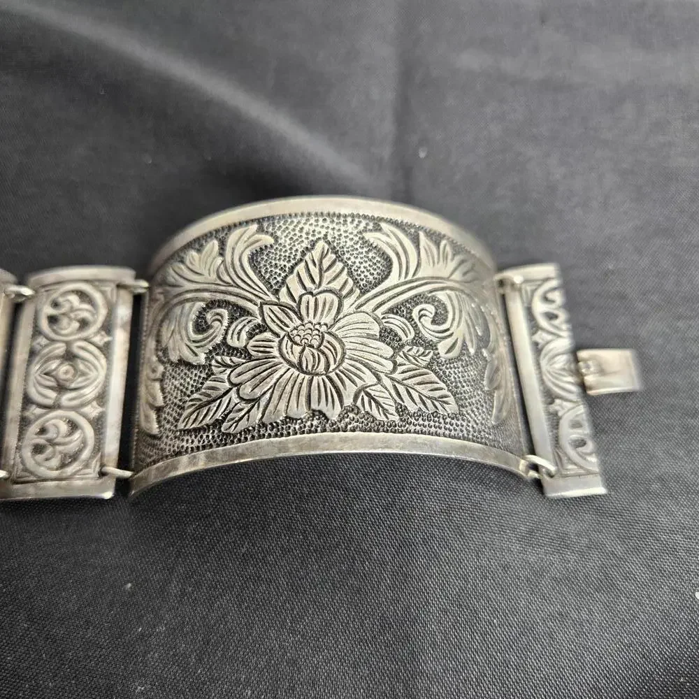 Vintage Peru 925 Sterling Silver Wide Floral Panel Bracelet Cuff 61g Artisan - Picture 4 of 9